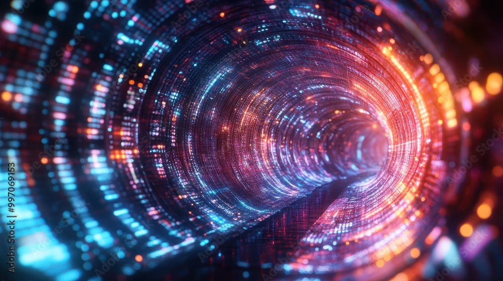Poster dazzling lights form a tunnel in a vivid display of data streaming through space