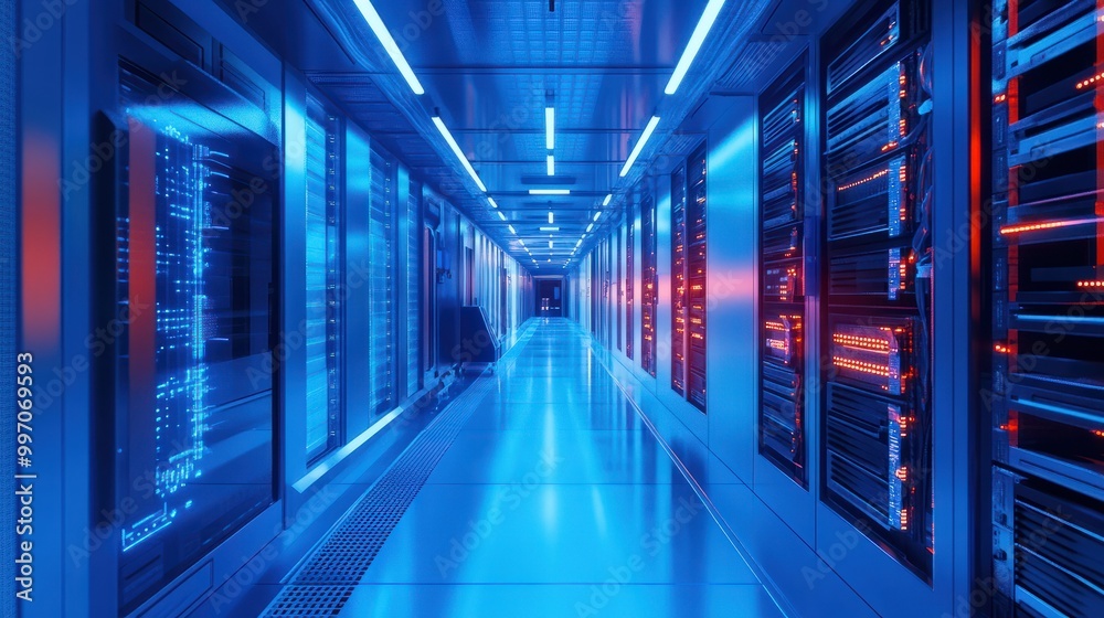 Poster digital data center hub: the interior of a blue-themed data center with networking equipment, repres