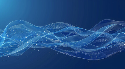 Abstract blue flowing wave with digital particles on dark background