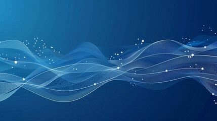 Abstract blue flowing wave with digital particles on dark background