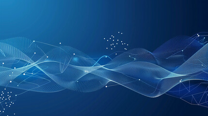 Abstract blue flowing wave with digital particles on dark background