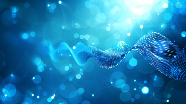 Abstract blue wave with digital particles and glowing bokeh