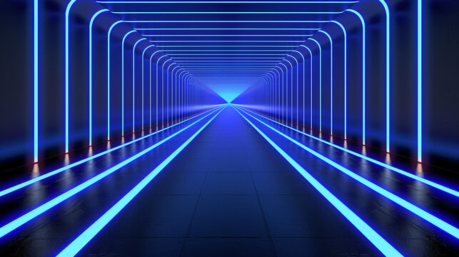 Futuristic blue neon tunnel with glowing lines and perspective