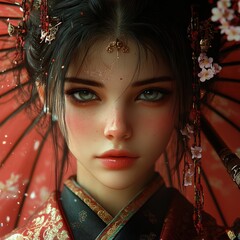 Hyper-realistic portrait of a modern geisha with porcelain skin and adorned hair