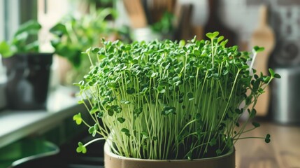 Fresh Microgreens Growing in a Pot on Kitchen Counter