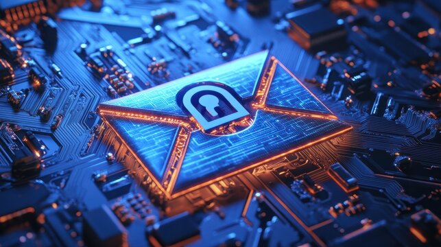 Email envelope icon with a digital lock on a circuit board, Concept of secure email communication and data protection in technology.