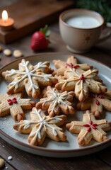 Cookies in the form of a snowflake lie on a dark plate with a New Year's background.