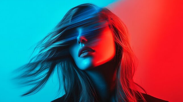 A striking photo of a woman hiding her face behind her hair. The image is split into red and blue colors, creating an abstract and futuristic effect.