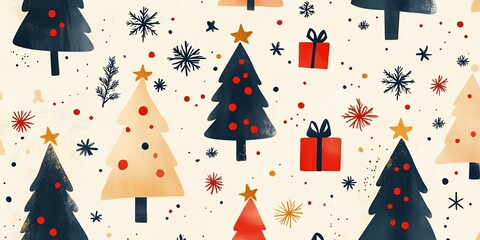 A whimsical Christmas-themed illustration featuring decorated Christmas trees in gold, red, and green hues. Snowflakes delicately fall against a light cream background.