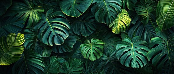 Lush green tropical foliage with large leaves, perfect for nature background or botanical design.