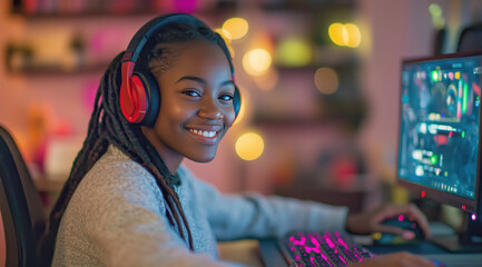 Obraz premium Jovem gamer negra jogando em computador com fones de ouvido, ambiente iluminado com luzes coloridas, criada com IA generativa.