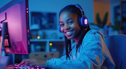 Jovem gamer negra jogando em computador com fones de ouvido, ambiente iluminado com luzes coloridas, criada com IA generativa.