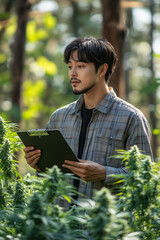 Fototapeta premium Asian man inspecting marijuana plant growth, taking check documents