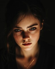 Intense Gaze of a Young Woman in Dramatic Lighting