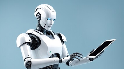Naklejka premium A humanoid robot interacting with a tablet, showcasing advanced technology and design.