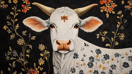 An Asian white cow Pichwai painting with a dark background is perfect for interior wall decoration. The painting is beautiful and would add a touch of elegance to any room.