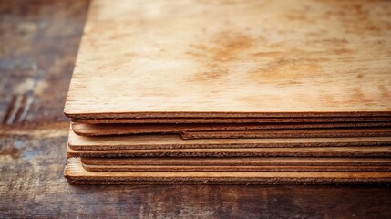 Fototapeta premium Stack of wooden plywood sheets on rustic background for construction and DIY projects