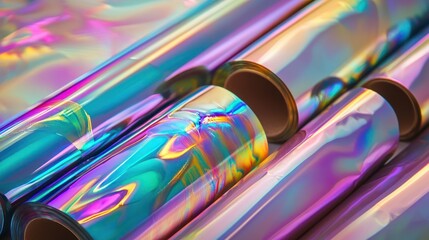 Rolls of shimmering holographic foil, presenting a metallic material with a dynamic and colorful finish.