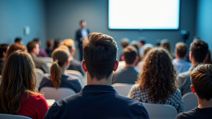 Fototapeta premium Modern conference room filled with attentive diverse audience listening focused on blurred professional speaker presenter man or college teacher presenting with projection screen in distance at front.