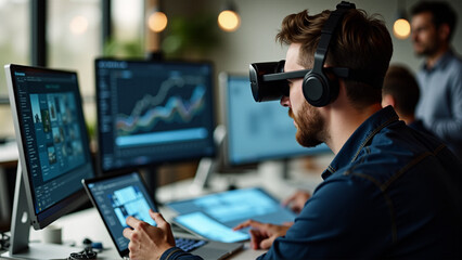 Close developer and designer use augmented reality brainstorming about mobile app interface wireframe design on desk at modern office. Creative digital development agency