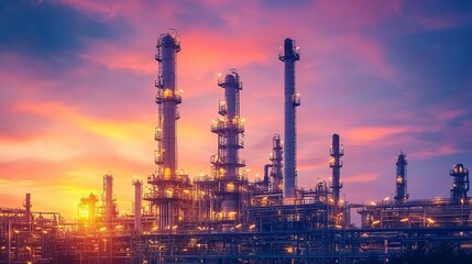 Obraz premium An oil refinery or petrochemical plant against a beautiful sunset sky. The factory is working in the evening, producing petrochemicals for various industries.