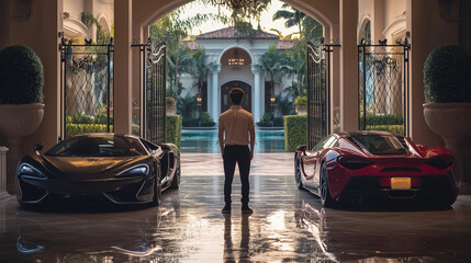 Successful young man in  luxurious mansion entrance with supercars showcasing opulence and success