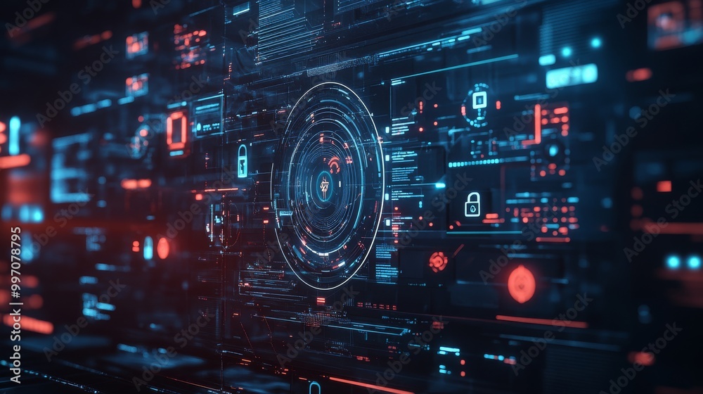 Poster a dynamic cybersecurity interface showcases encryption data locks on a digital screen, highlighting 