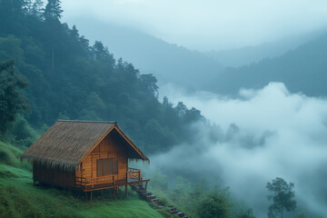 Fototapeta premium A wooden hut on the mountain in the morning overlooking nature and mist in the valley.