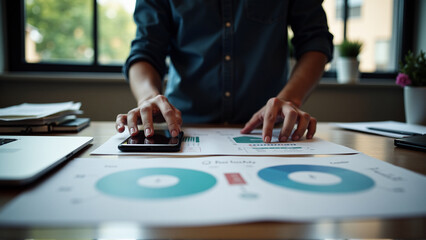 Fototapeta premium Close developer and designer use augmented reality brainstorming about mobile app interface wireframe design on desk at modern office. Creative digital development agency