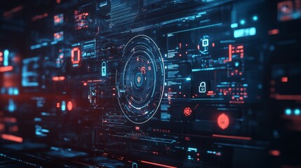 A dynamic cybersecurity interface showcases encryption data locks on a digital screen, highlighting advanced technology in a contemporary office environment