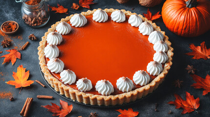 pumpkin pie on a wooden table
