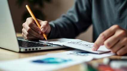 Designer drawing on a paper