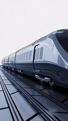 Naklejka premium Modern High-Speed Train on Tracks: A sleek, silver bullet of modern transportation, gliding effortlessly on shiny tracks in a futuristic setting. This image embodies speed, efficiency, and progress. 