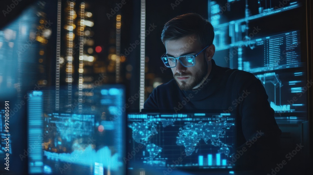 Poster programming coding and man with focus, hologram and trading with cyber security, futuristic and rese