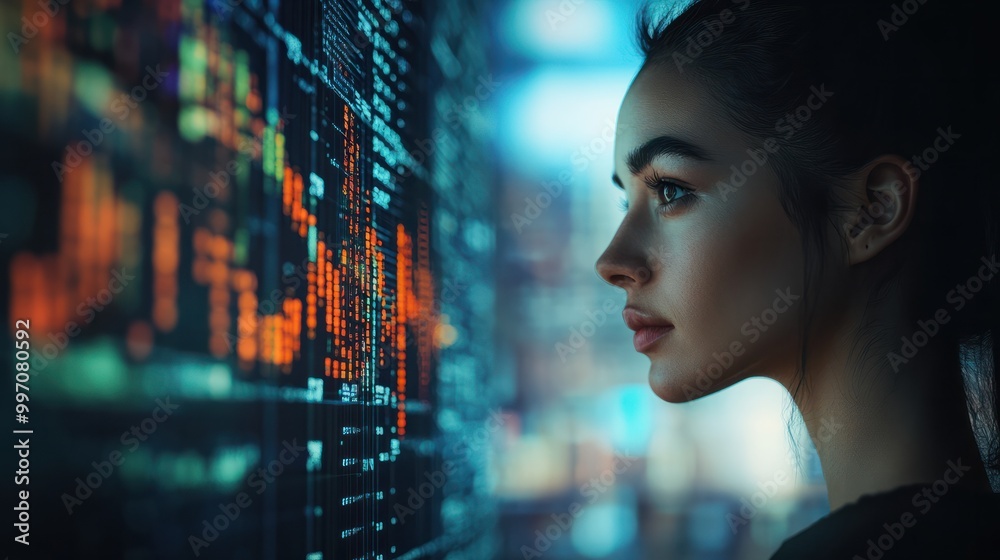 Poster programming coding and woma with focus, hologram and trading with cyber security, futuristic and res