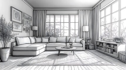 Line interior home art room design illustration outline sketch furniture. Home line sofa interior house doodle continuous lineart one office lamp chair decor hand living table apartment background,
