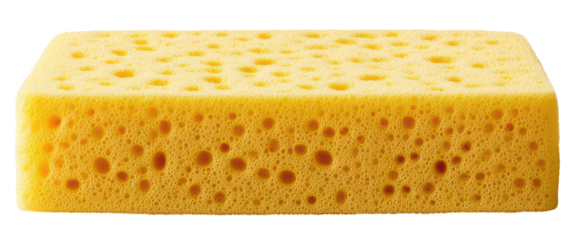Rectangular yellow sponge with large pores, transparent background.