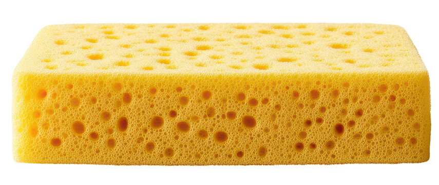 Rectangular yellow sponge with large pores, transparent background.