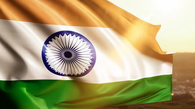 Motion of Indian national flag waving on the sky with beautiful sunlight. Independence Day and Republic day of India. Labour Day. Maharashtra Day. Election in India. Patriotic background. Closeup
