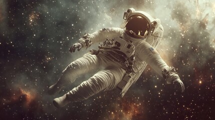 Fototapeta premium Single astronaut floating in space with dust and stars, created using generative ai technology