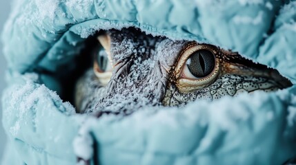 A captivating image featuring a reptilian creature's eyes peeking through a snug blue parka, surrounded by freshly fallen snow, evoking themes of survival and adaptation in a wintry scene.
