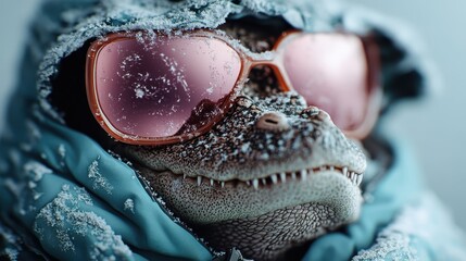 Naklejka premium Captivating image of an alligator dressed in a hood and sunglasses, heavily coated in snow, projecting a sense of surrealism, fun, and adventure in a chilly environment.