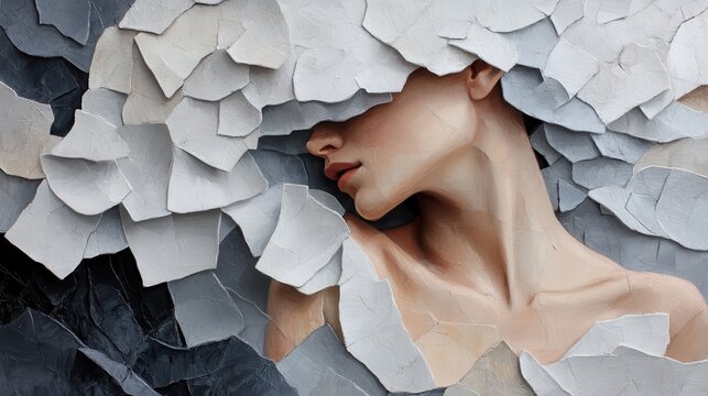 An artistic representation of a partial human neck sculpture artistically merging into an abstract background, symbolizing the fusion of human form and imaginative artistry.