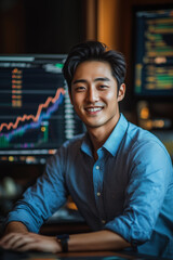 Fototapeta premium Asian male stock trader working with computer in office.