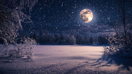 Naklejka premium A dark winter night sky adorned with softly falling snowflakes, illuminated by a full moon. This scene creates a magical and serene winter landscape, perfect for seasonal backgrounds.