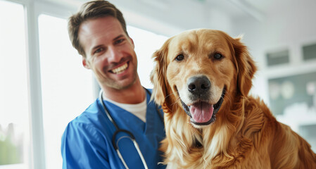  happy male vet doctor holding up and playing with an adorable  dog at the pet shop. 
