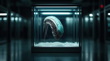 A futuristic representation of an alien specimen displayed within a glass case, revealing intricate details and textures, evoking curiosity and intrigue in a laboratory setting.