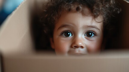 A curious toddler with wide, inquisitive eyes peeks out from a cardboard box, capturing a moment of innocence and wonder in a child's playful world.