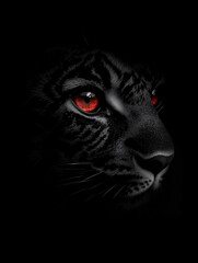 Black panther face with glowing red eyes in the dark