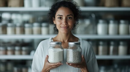A woman with curly hair holding glass jars filled with grains and beans stands smiling in a modern kitchen with shelves full of more jars behind her.